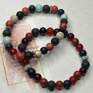 Red Agate & Lava Stone Bracelet Set